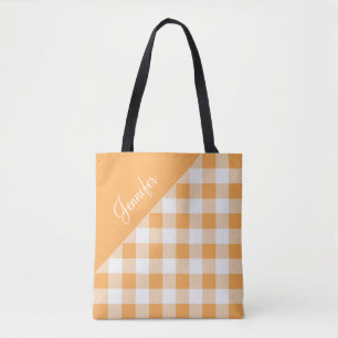 Bolso De Tela Naranja moderno Gingham Plaid Name