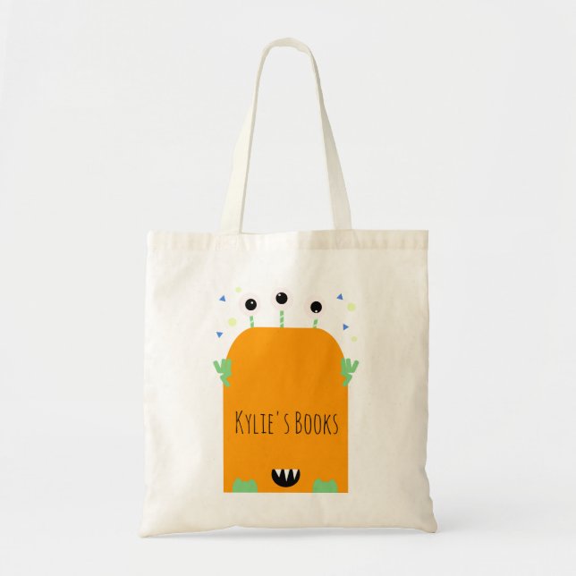 Bolso De Tela Naranja Monstruo Niños Personalizado Libro de la b (Frente)
