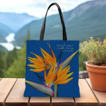 Bolso De Tela Naranja Pájaro de Boda Paraíso tote grande<br><div class="desc">Bolsa de tote boda con pájaro naranja de diseño del paraíso. Color azul marino oscuro con flores naranjas brillantes y texto cerca de la parte inferior de un lado. Agregue la ubicación del evento con fecha o cualquier otro texto que se ajuste al área. Dales a los padres, o a...</div>