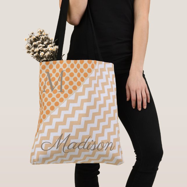 Bolso De Tela Naranja Peach Trendy Dots Zig Girly Nombre Monogra (Detalle)