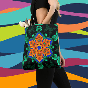 Bolso De Tela Naranja psicodélico de flores hippie y Verde azula