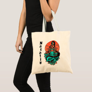 Bolso De Tela Naranja quemado y ilustracion verde azulado geisha