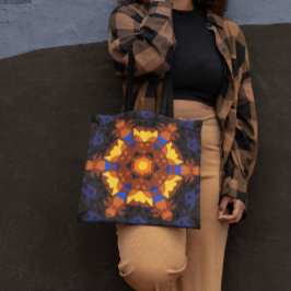 Bolso De Tela Naranja retro Mandala flor amarillo y azul