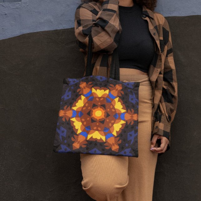 Bolso De Tela Naranja retro Mandala flor amarillo y azul (Subido por el creador)