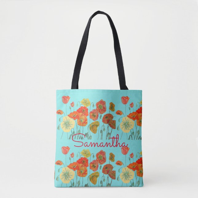 Bolso De Tela Naranja Rojo Amarillo Poppy Poppies Flor Floral Aq (Anverso)