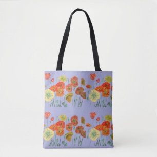 Bolso De Tela Naranja Rojo Poppy Poppies Púrpura Floral Lilac