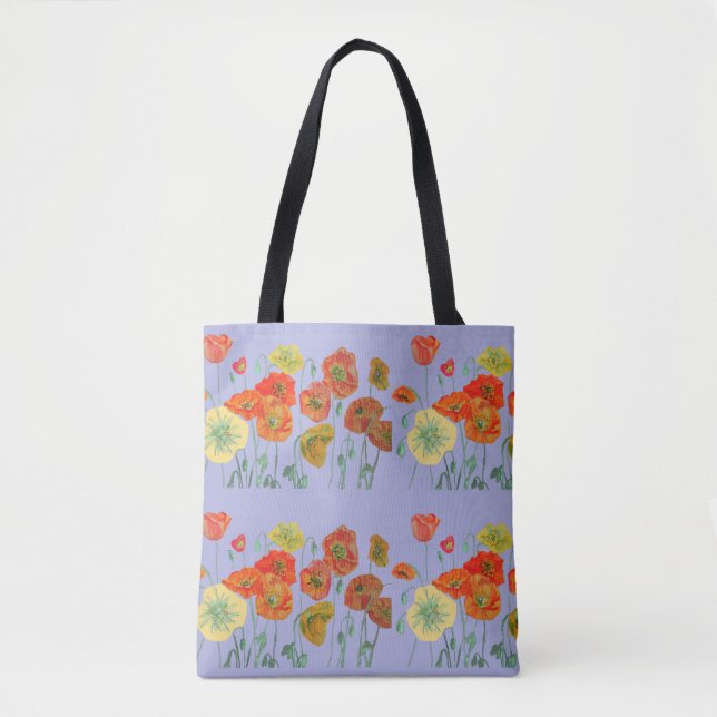 Bolso De Tela Naranja Rojo Poppy Poppies Púrpura Floral Lilac (Anverso)