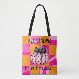 Bolso De Tela Naranja rosado de calabaza de Halloween personaliz