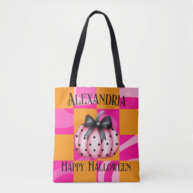 Bolso De Tela Naranja rosado de calabaza de Halloween personaliz (Anverso)