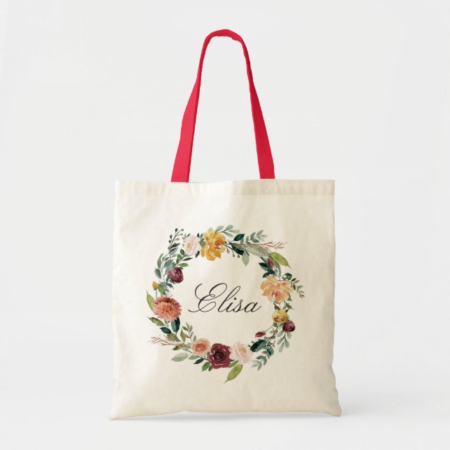 Bolso De Tela Naranja Rubor Burgundy Floral Wreath Bridesmaid (Frente)