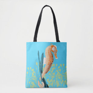 Bolso De Tela Naranja Seahorse con un fondo turquesa