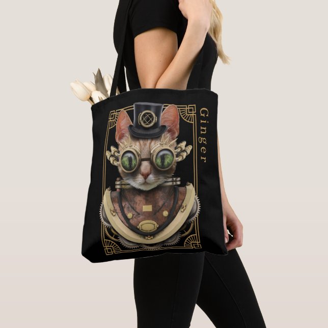 Bolso De Tela Naranja Steampunk de Guay Tabby Cat con nombre (Detalle)