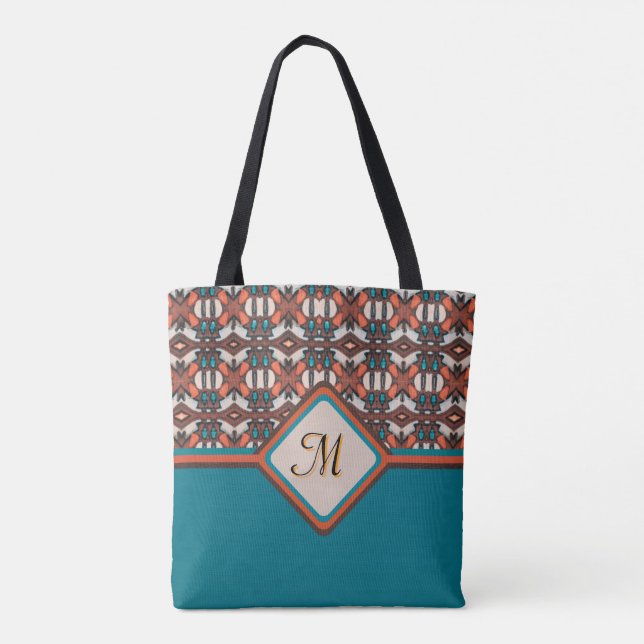Bolso De Tela Naranja, Turquesa, de inspiración tribal marrón (Reverso)