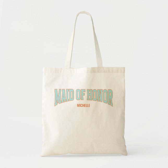 Bolso De Tela Naranja + Verde Agua Brillo Falso Varsity DAMA DE  (Frente)