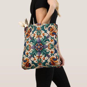 Bolso De Tela Naranja verde morado Azulejos portugueses mosaicos