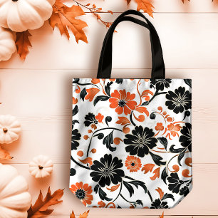 Bolso De Tela Naranja y negro sobre floral blanca otoño