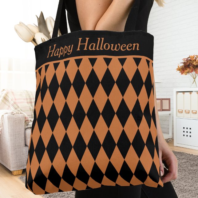 Bolso De Tela Naranja y Personalizado del patrón de Harlequin de (Orange and Black Diamond Harlequin Pattern Custom Tote Bag - with Editable Text.)