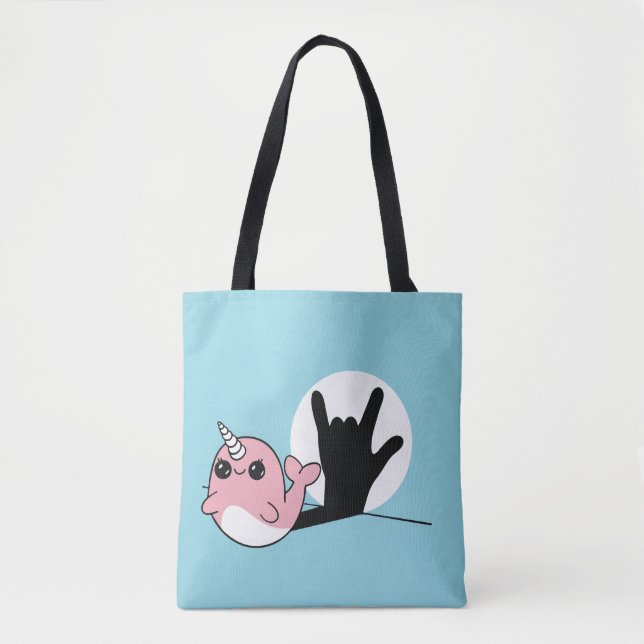 Bolso De Tela Narwhal rosado ASL te amo - Diseño de cultura sord (Anverso)