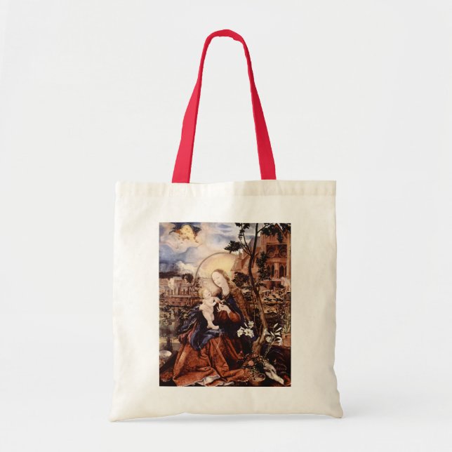 BOLSO DE TELA NATIVIDAD CON LILLAS BLANCAS , MAGIA DE NAVIDADES (Frente)