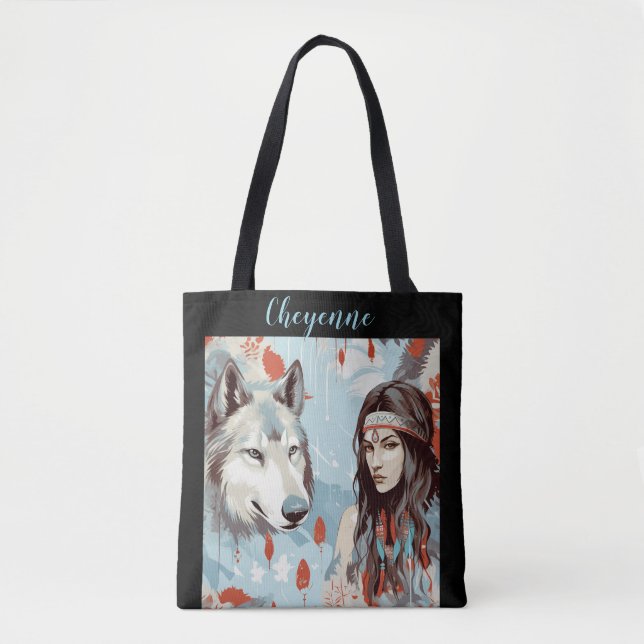 Bolso De Tela Nativo americano - Princesa india y lobo (Anverso)