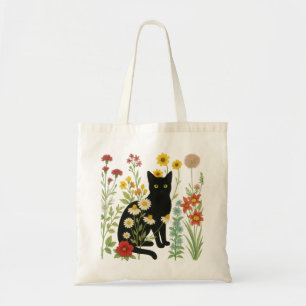 Bolso De Tela Naturaleza Botánica – Gato Negro en Jardín de Flor