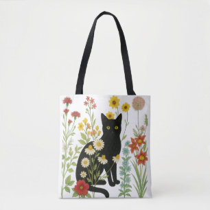 Bolso De Tela Naturaleza botánica: gato negro en jardín de flore
