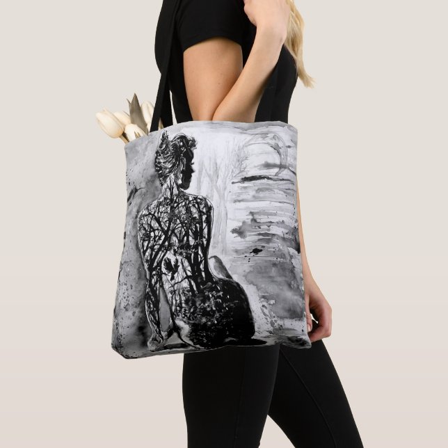 Bolso De Tela Naturaleza Lady Tote Bag Blanco Negro - Pintura (Detalle)
