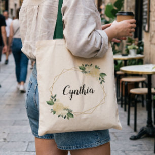Bolso De Tela Naturaleza Verde Marfil Dorado Floral Acuarela