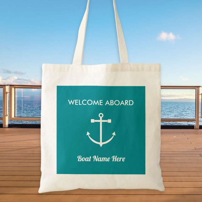 Bolso De Tela Náutica Anclaje Vela Turquesa Bienvenida (A nautical tote bag with 'Welcome Aboard' greeting, anchor picture, and custom text to personalize)