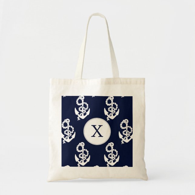 Bolso De Tela Náutica de la Marina Monograma Azul (Frente)