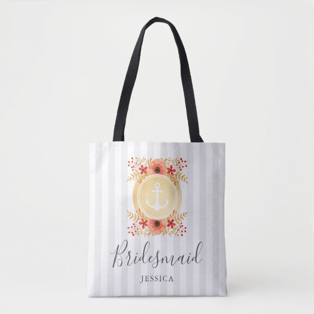 Bolso De Tela Náutica Floral Anclaje de oro Floral Bridesmaid (Anverso)