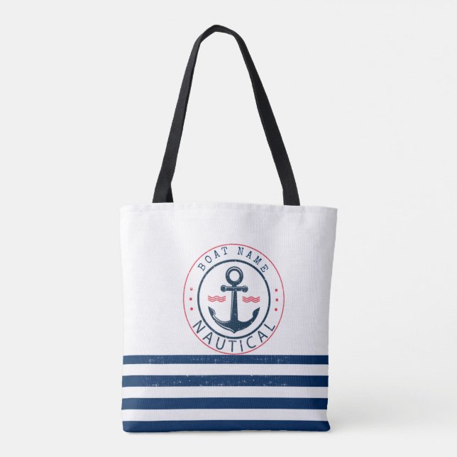 Bolso De Tela Náutica, nombre del barco, franjas azules de la ma (Reverso)