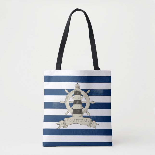 Bolso De Tela Náutica,Rueda de barco,Bandas azules y blancas (Anverso)
