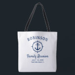 Bolso De Tela Nautical Anchor Family Reunion Naval azul y blanco<br><div class="desc">Una bolsa de tote con temática náutica muestra orgullosamente su nombre familiar, fecha de reunión y ubicación en un elegante guión de caligrafía con un elegante texto moderno. Este diseño presenta obras de arte de un ancla de un barco personalizado con un borde estilo brújula en azul marino sobre blanco...</div>