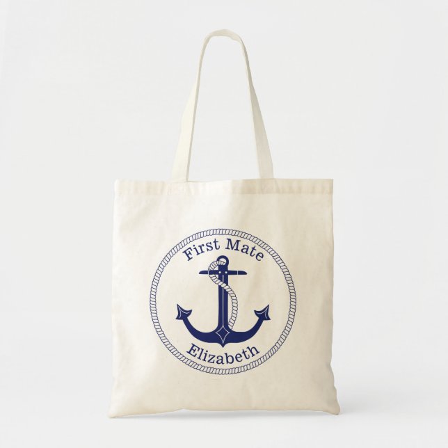 Bolso De Tela Nautical Anchor Navy Blue First Mate Personalizado (Frente)