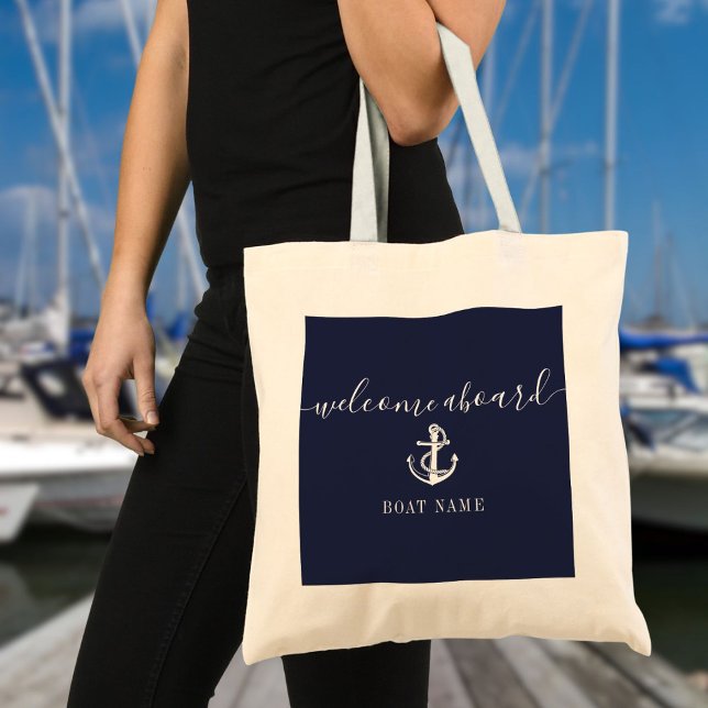 Bolso De Tela Nautical Anchor Nombre Barco Naval Bienvenida Azul (Nautical Anchor Boat Name Navy Blue Welcome Aboard Tote Bag)
