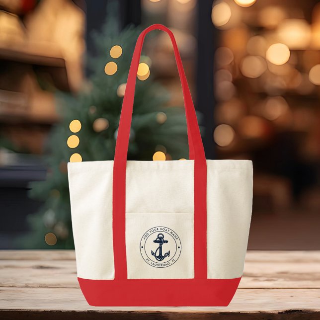 Bolso De Tela Nautical Anchor Nombre Barco Personalizado Costa (Nautical Anchor Custom Promotional Red Handles Tote Bag)