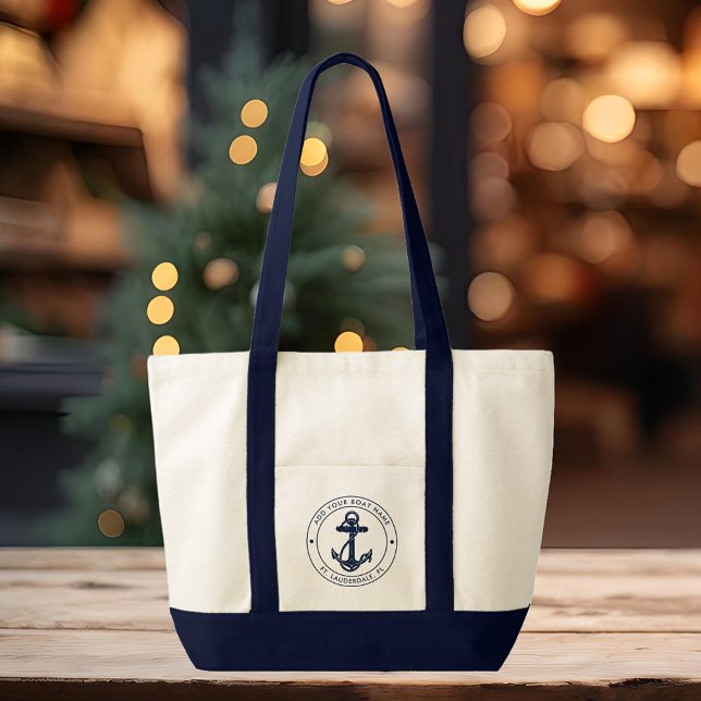 Bolso De Tela Nautical Anchor Nombre Bote Personalizado Boating (Nautical Anchor Custom Promotional Navy Blue Handles Tote Bag)