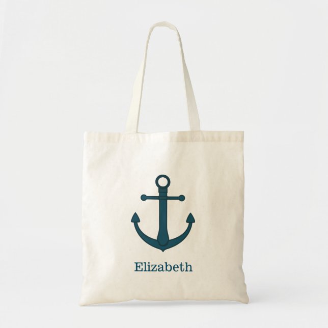 Bolso De Tela Nautical Anchor Nombre Personalizado Monograma Tot (Frente)