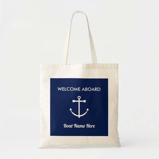 Bolso De Tela Nautical Anchor Vela Naval Blue Welcome Aboard (Frente)