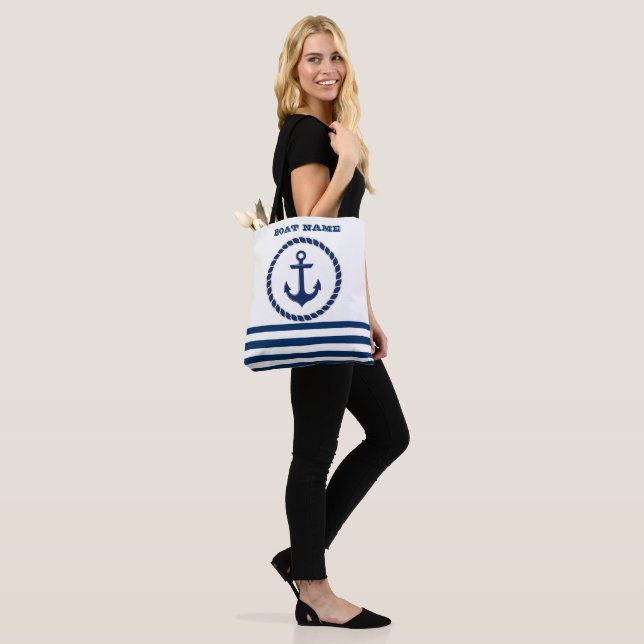 Bolso De Tela Nautical Boat Name,Anchor Naval Blue Stried (Puesto)