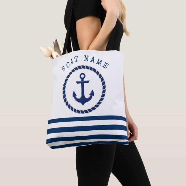 Bolso De Tela Nautical Boat Name,Anchor Naval Blue Stried (Detalle)