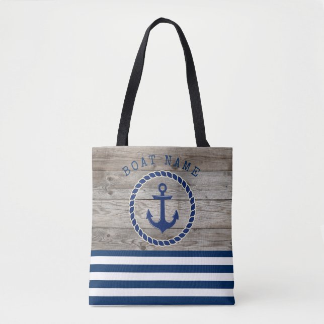 Bolso De Tela Nautical Boat Name, Anchor Navy Blue Stried Wood (Anverso)