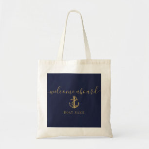 Bolso De Tela Nautical Bote Name Navy Blue Gold Welcome Aboard