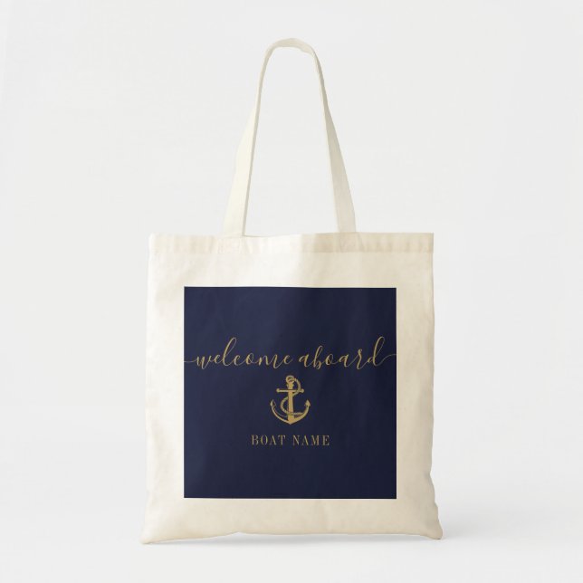 Bolso De Tela Nautical Bote Name Navy Blue Gold Welcome Aboard (Frente)