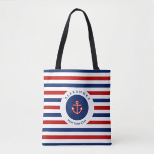 Bolso De Tela Nautical Marine Navy Blue Red White Stripes