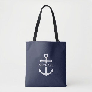 Bolso De Tela Nautical Navy Blue Anchor Nombre Personalizado
