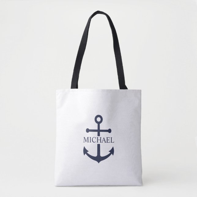 Bolso De Tela Nautical Navy Blue Anchor Nombre Personalizado (Anverso)