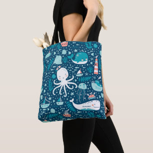 Bolso De Tela Nautical Ocean Pattern Boy, de la Marina, azul y b