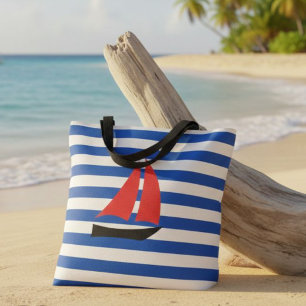 Bolso De Tela nautical striped tote bag, tote bag with sailboat 